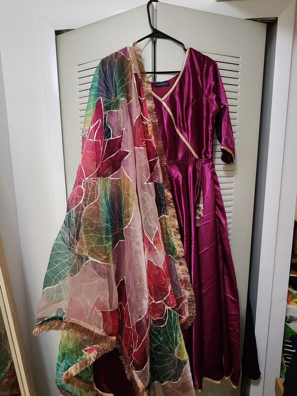 Magenta Satin Silk Anarkali Salwar Kameez with Multi-Color Sheer Dupatta